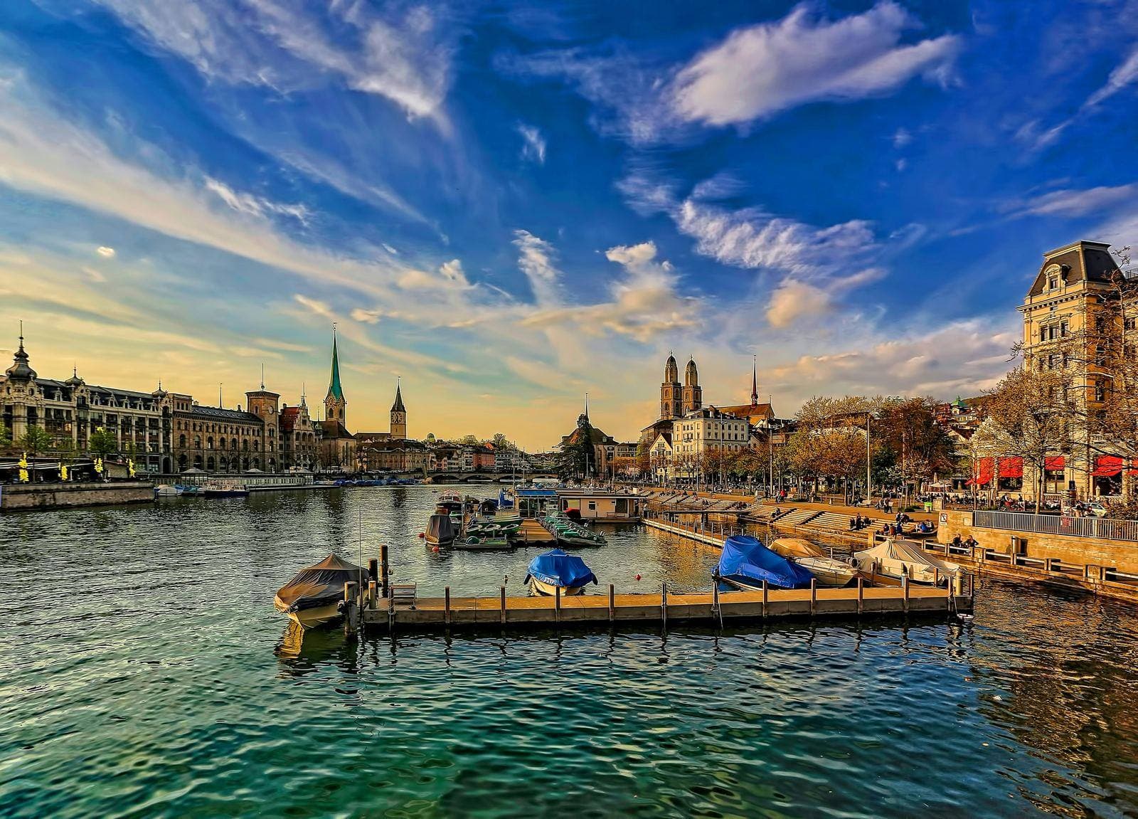 Limmatquai Zürich mit Grossmünster bei Sonnenuntergang
